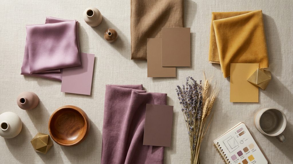 Composition harmonieuse de tissus (mauve, marron, moutarde), nuanciers et objets décoratifs sur fond clair.