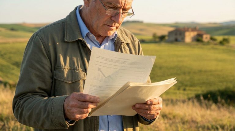Homme âgé, lunettes, veste verte, lisant attentivement des documents avec un graphique, dans un paysage rural avec une ferme en arrière-plan.