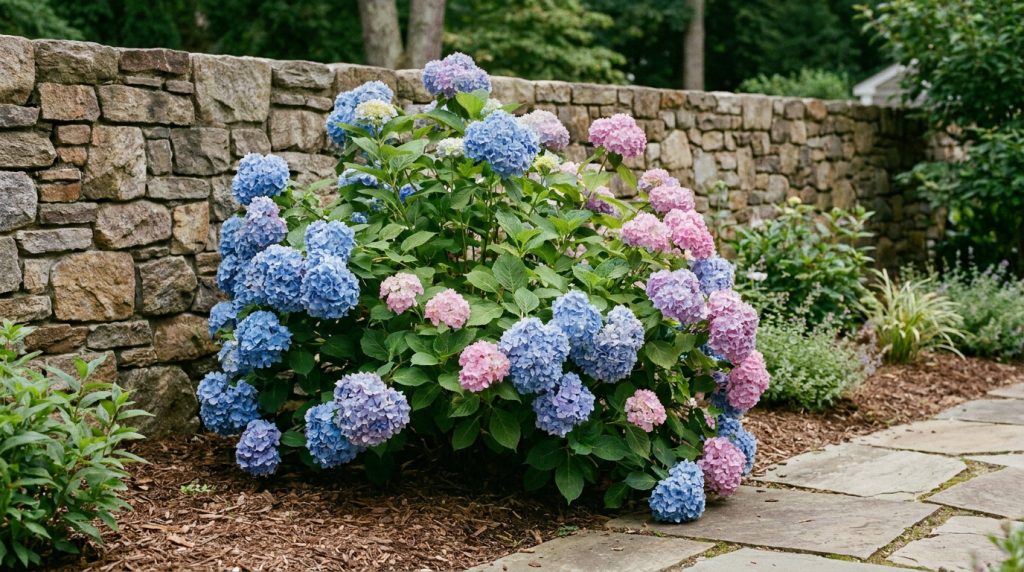 Grand buisson d'hortensias bleus et roses en fleurs, planté devant un mur en pierres sèches dans un jardin. Allée pavée à droite.