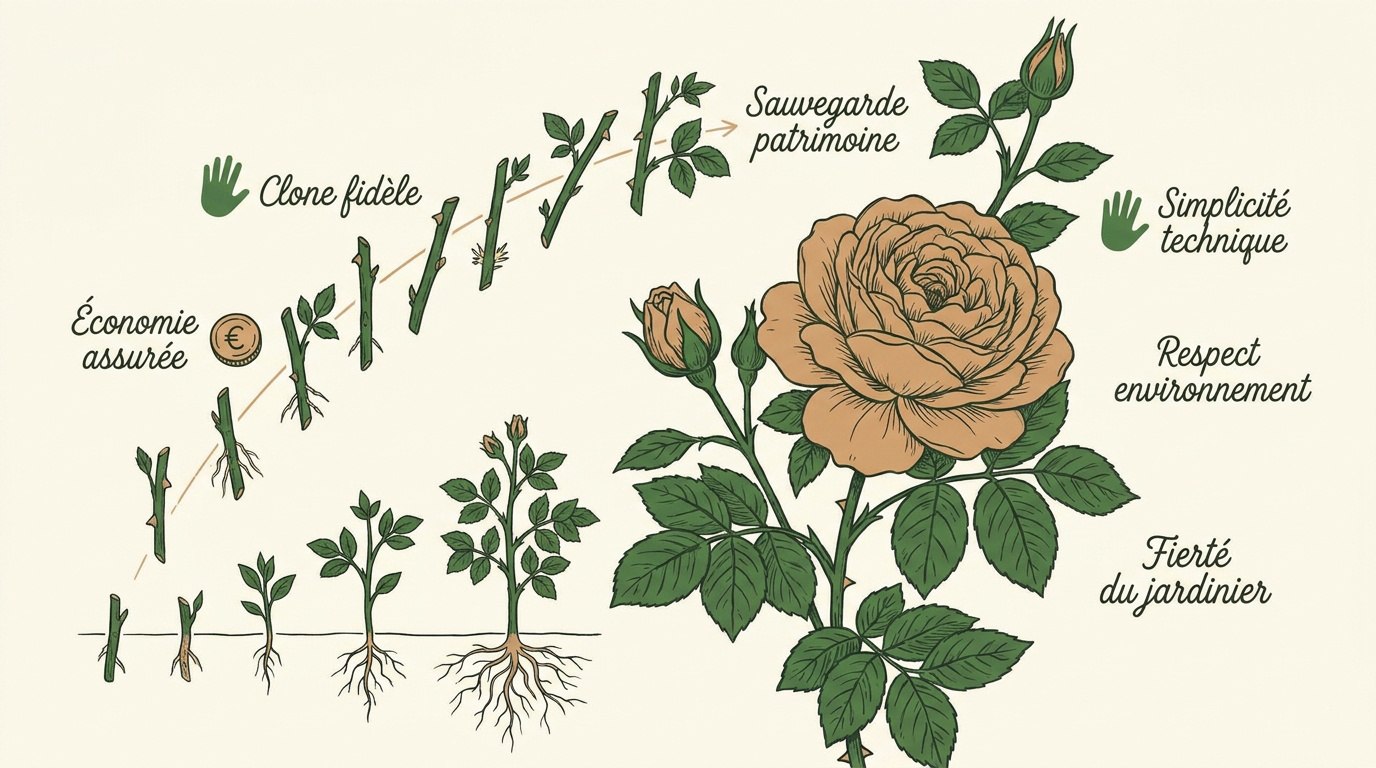 Illustration des étapes de bouturage d'un rosier et des jeunes plants obtenus
