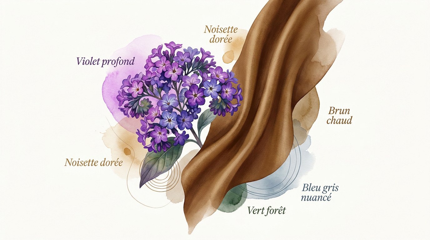 Illustration des nuances héliotrope et cuir havane pour une décoration sophistiquée