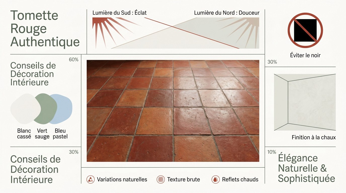 Infographie sur les meilleures associations de couleurs pour un sol en tomette rouge traditionnelle