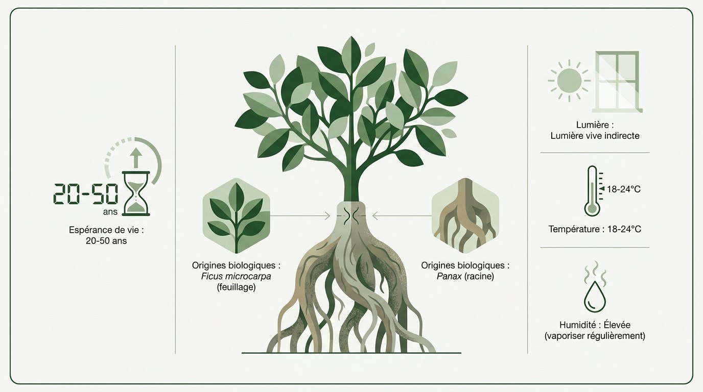 Infographie expliquant les soins et les origines hybrides du Ficus ginseng
