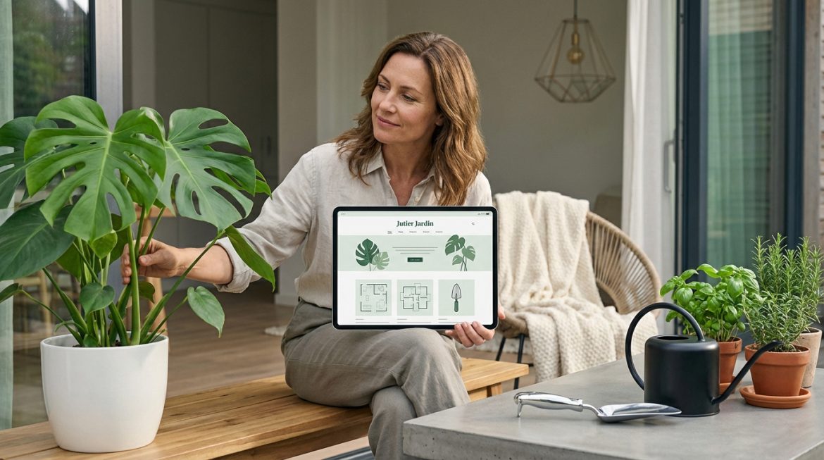 Femme souriante touchant une plante Monstera, tenant une tablette affichant le blog Jutier Jardin sur une terrasse ensoleillée.