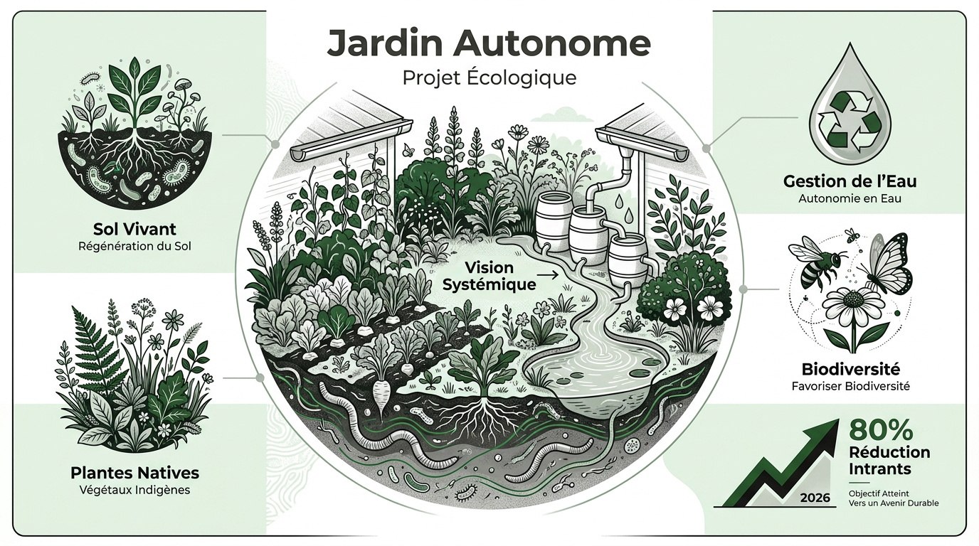 Vue détaillée d'un jardin en permaculture avec zones de culture et biodiversité