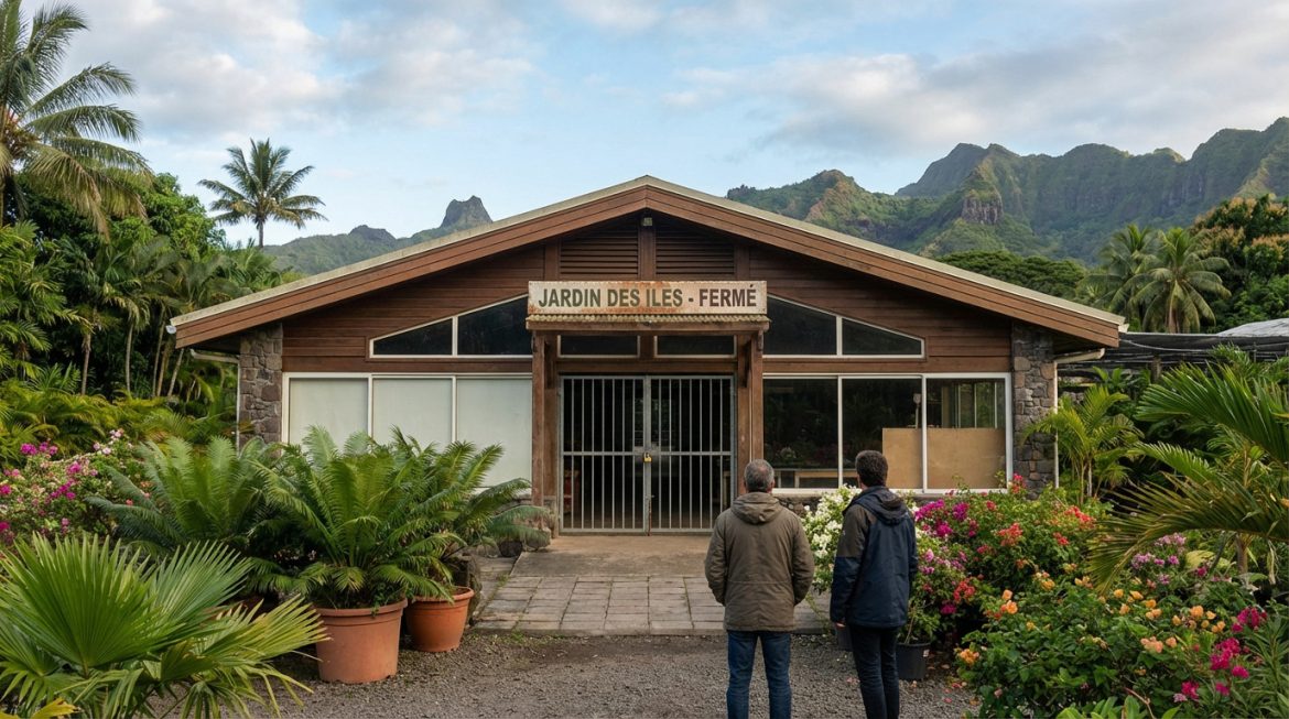 Deux hommes devant l'entrée grillagée d'un bâtiment « JARDIN DES ILES - FERMÉ », entouré de végétation tropicale et de montagnes.