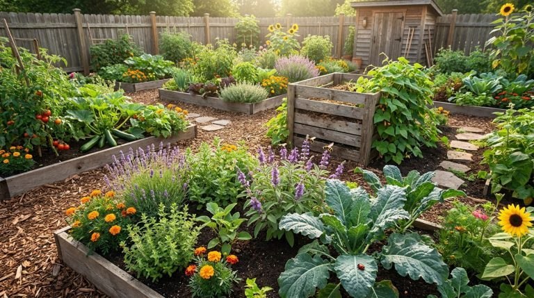 Vue d'un jardin potager diversifié avec carrés de culture en bois, légumes, fleurs, composteur, cabane. Insectes pollinisateurs.