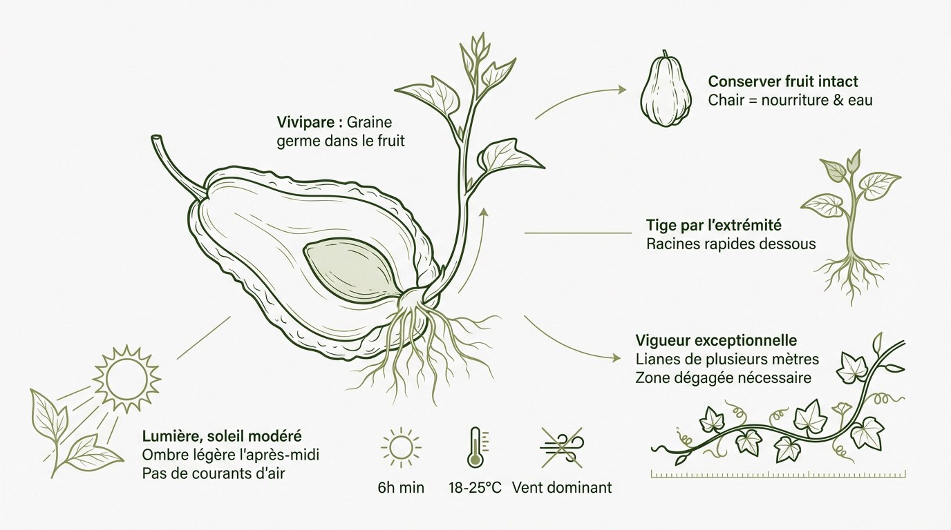 Germination d'une christophine avec une jeune tige sortant du fruit
