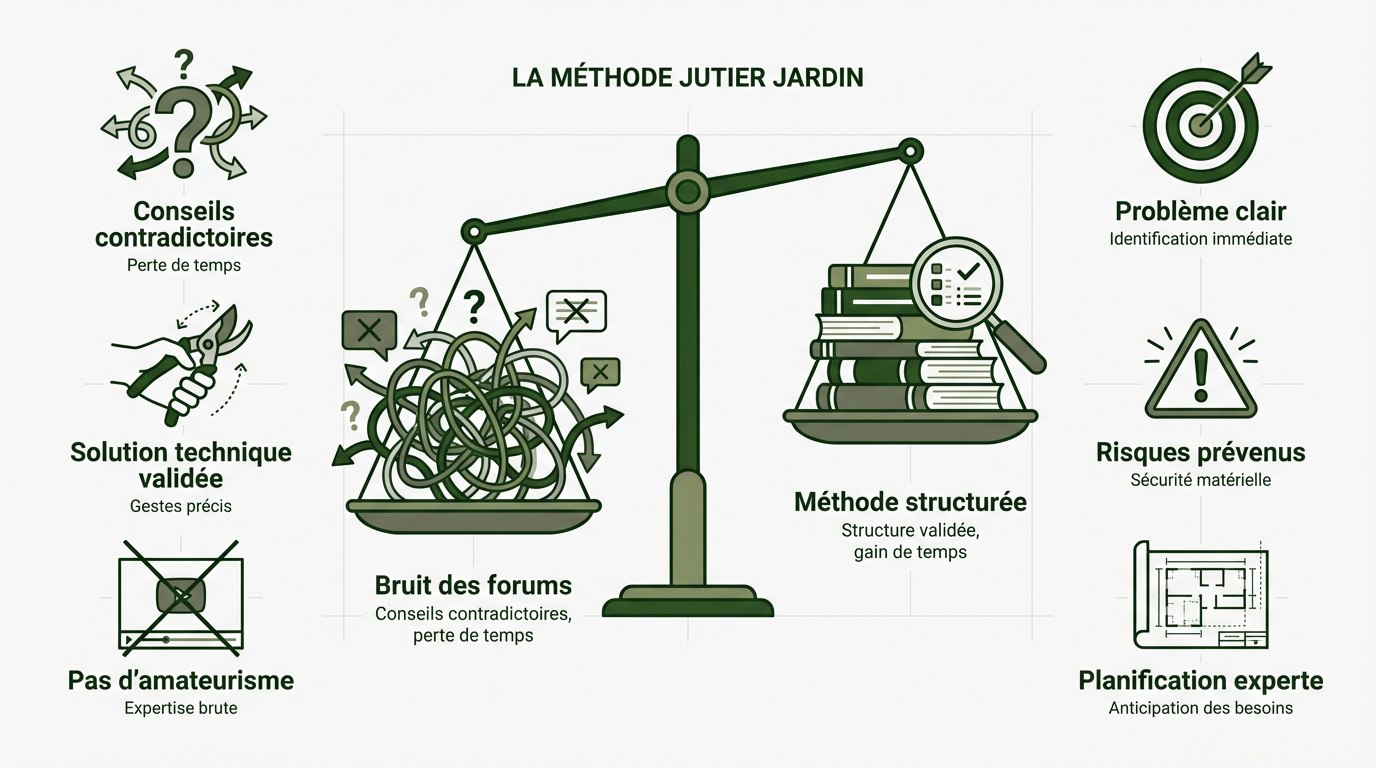 Comparaison entre la clarté de la méthode Jutier Jardin et le bruit des forums de jardinage