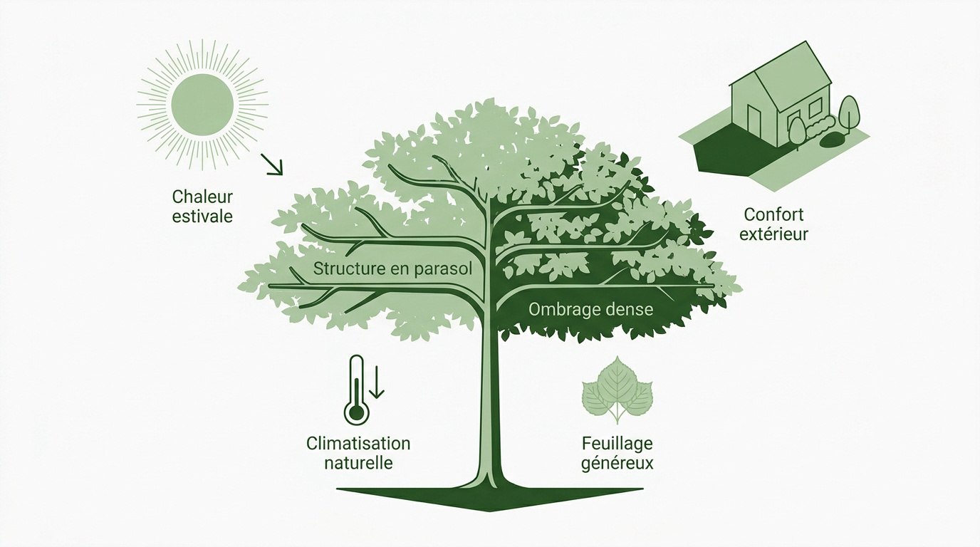 Tilleul taillé en parasol offrant une ombre dense dans un jardin