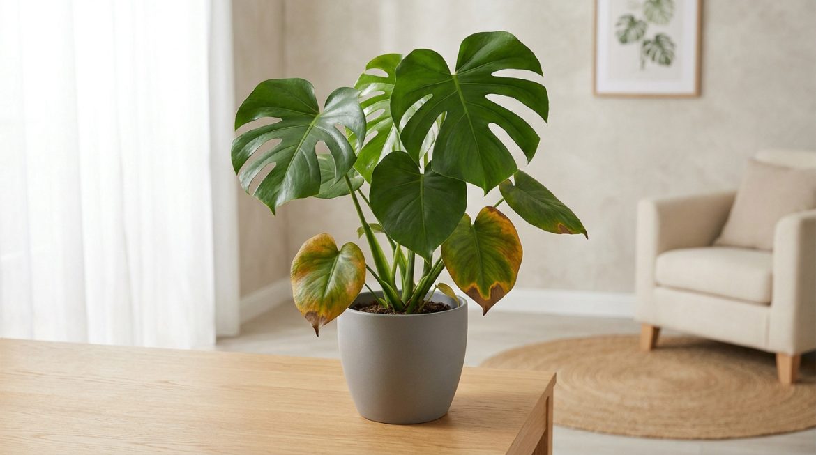 Monstera en pot posé sur une table en bois, avec des feuilles vertes saines et plusieurs feuilles jaunies et brunies.