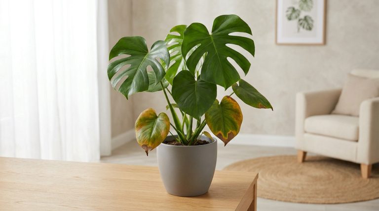 Monstera en pot posé sur une table en bois, avec des feuilles vertes saines et plusieurs feuilles jaunies et brunies.