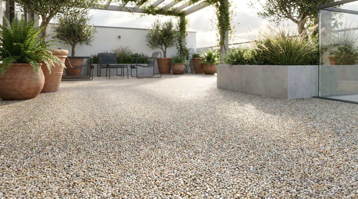 Terrasse extérieure en moquette de pierre beige avec pots de fleurs, oliviers, pergola et mobilier de jardin moderne.
