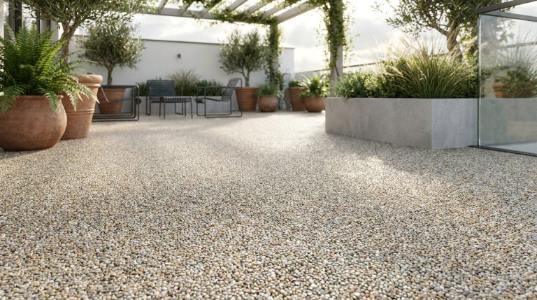 Terrasse extérieure en moquette de pierre beige avec pots de fleurs, oliviers, pergola et mobilier de jardin moderne.