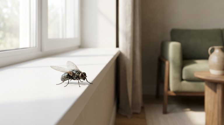 Gros plan d'une mouche aux ailes transparentes et corps sombre sur un rebord de fenêtre blanc. Arrière-plan flou d'un salon lumineux.