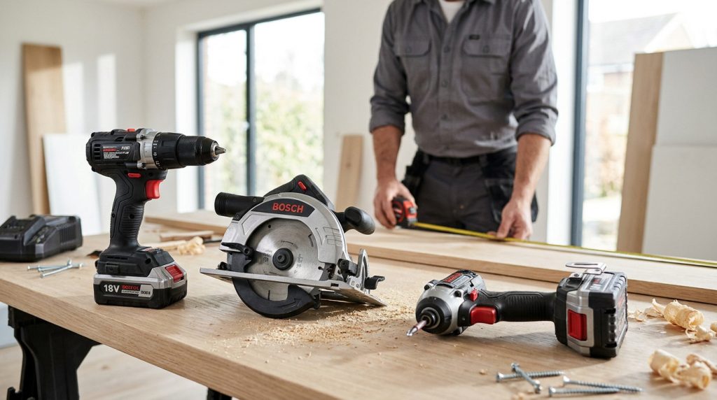Perceuse Erbauer, scie Bosch et visseuse à choc sur établi en bois, avec un bricoleur mesurant une planche.