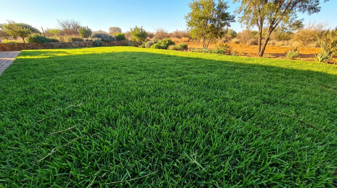 Pelouse de gazon vert vif sous un ciel bleu, bordée d'un mur de pierres et d'une végétation aride. Le soleil éclaire le gazon.