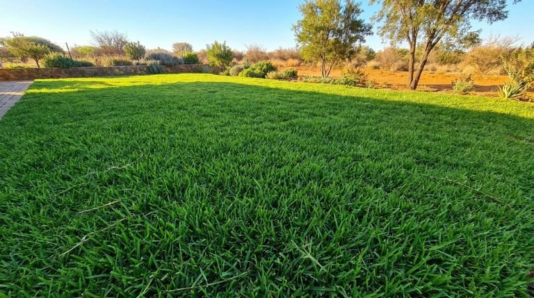 Pelouse de gazon vert vif sous un ciel bleu, bordée d'un mur de pierres et d'une végétation aride. Le soleil éclaire le gazon.