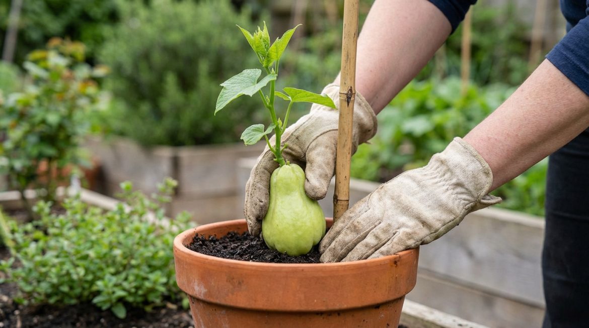 Mains gantées plantant une christophine germée avec son tuteur dans un pot en terre cuite. Jardin en arrière-plan.