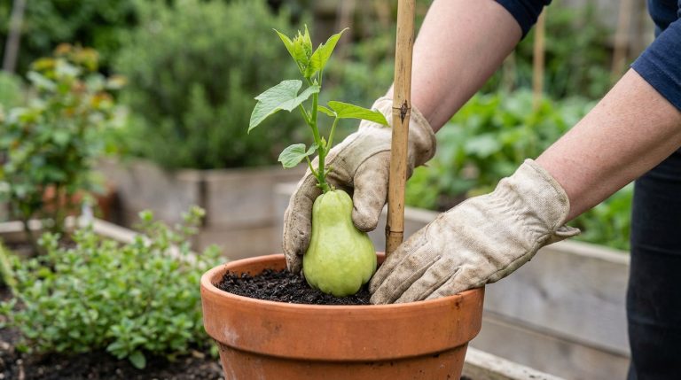 Mains gantées plantant une christophine germée avec son tuteur dans un pot en terre cuite. Jardin en arrière-plan.