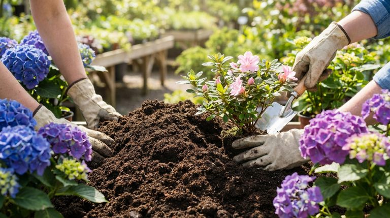 Quatre mains gantées plantent des hortensias bleus et mauves et un azalée rose dans une terre riche, au soleil.