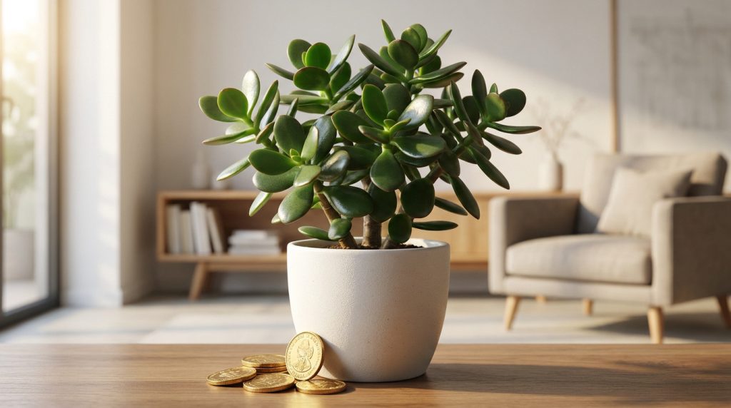 Gros plan sur un arbre de jade en pot avec des pièces d'or sur une table en bois dans un intérieur lumineux.