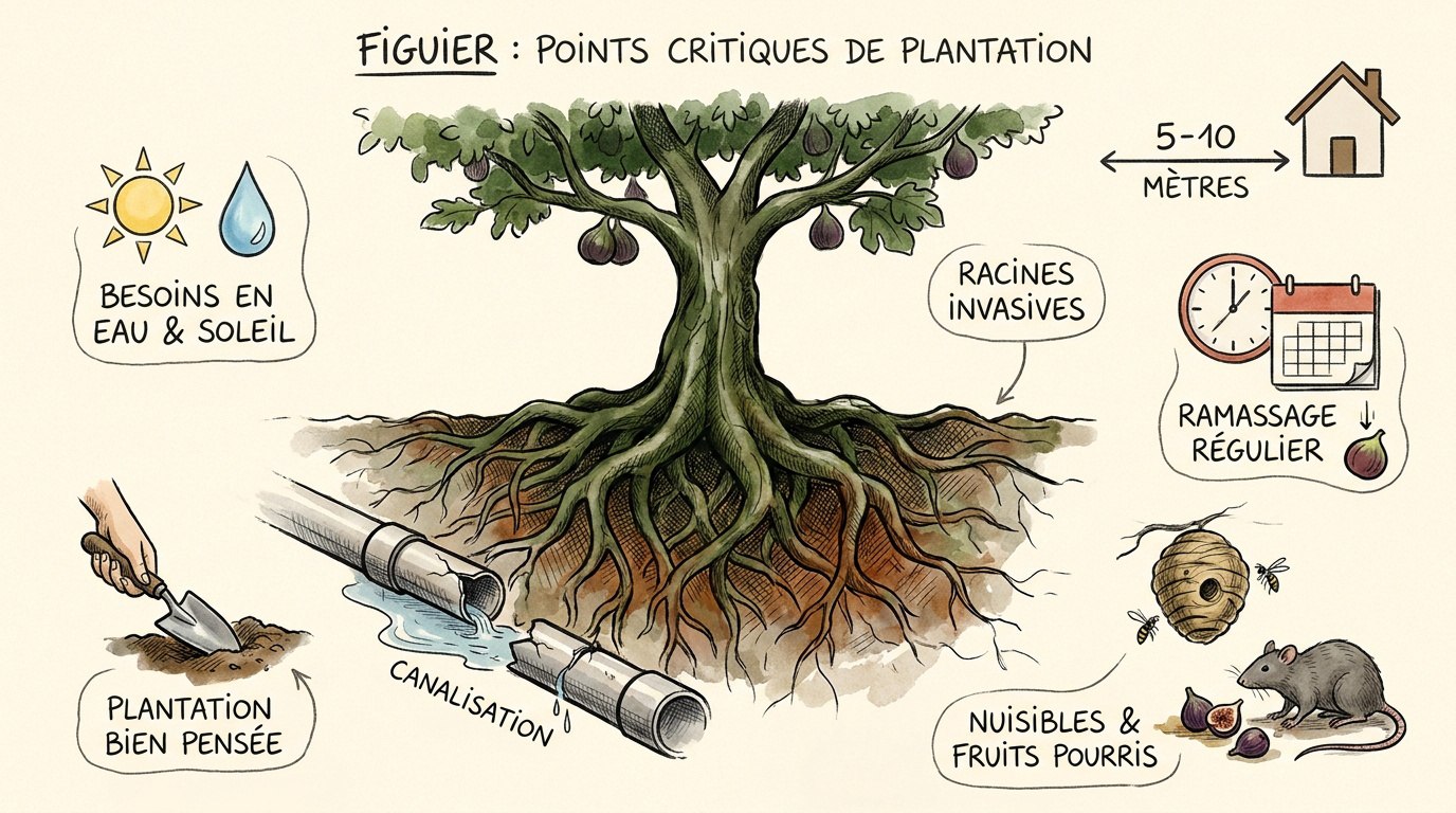 Schéma des distances de sécurité pour planter un figuier au jardin