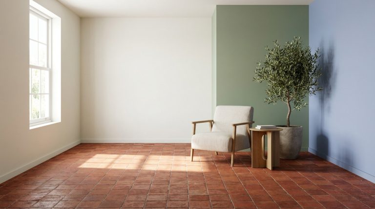 Une pièce lumineuse avec un sol en tomettes rouges. Murs blancs, vert sauge et bleu pastel. Fauteuil, table et olivier.