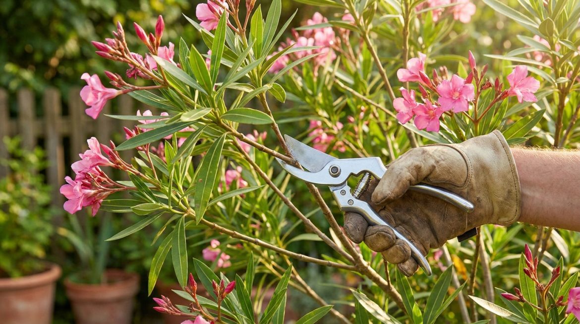 Main gantée coupant une branche de laurier rose en fleurs roses avec un sécateur, dans un jardin ensoleillé.