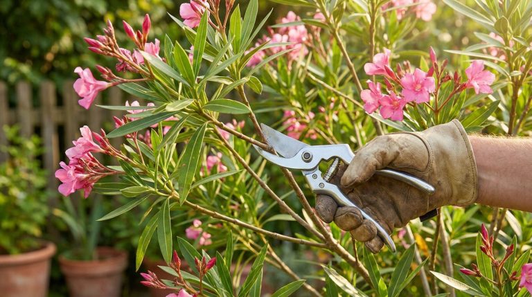 Main gantée coupant une branche de laurier rose en fleurs roses avec un sécateur, dans un jardin ensoleillé.