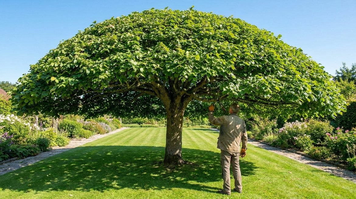 Homme taillant un grand tilleul en forme de parasol dans un jardin verdoyant sous un ciel bleu.