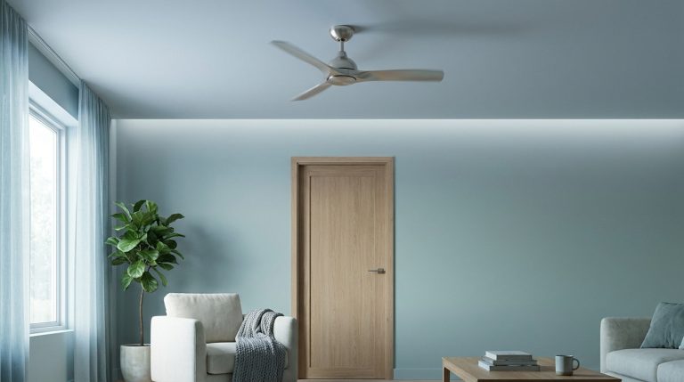 Un ventilateur de plafond tourne au-dessus d'une porte fermée dans un salon aux murs bleus, avec plante et mobilier clair.