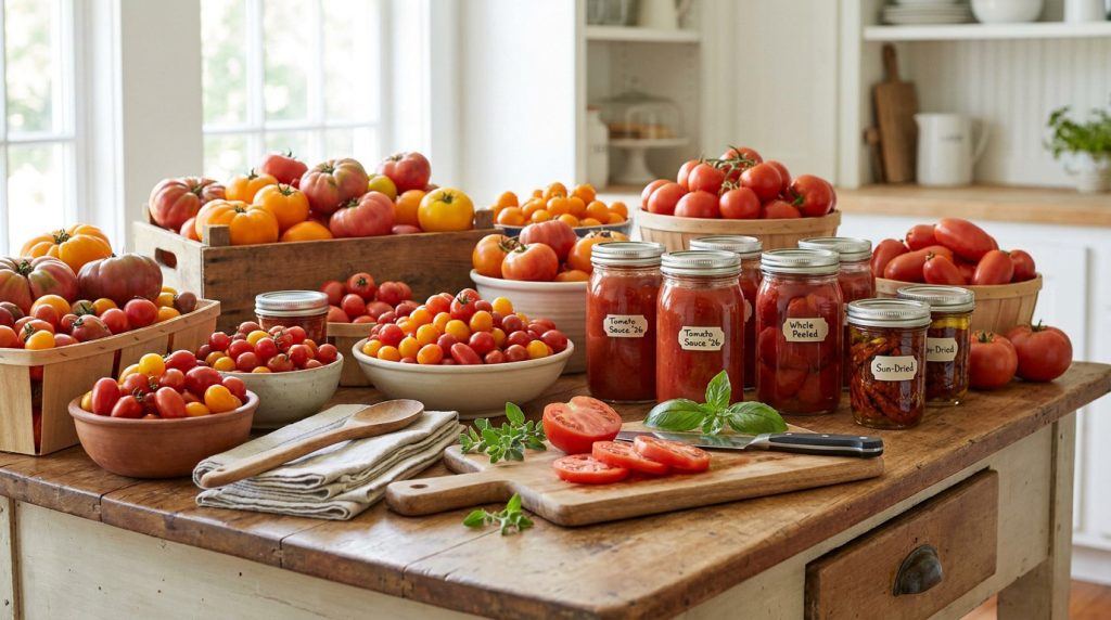 Une table de cuisine rustique remplie de tomates fraîches, de bocaux de sauce et de tomates séchées en préparation.