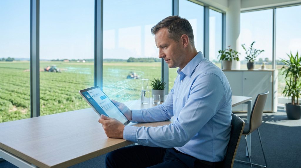 Un homme en chemise utilise une tablette numérique avec des flux de données numériques holographiques dans un bureau.