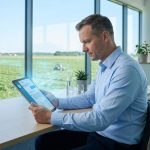 Un homme en chemise utilise une tablette numérique avec des flux de données numériques holographiques dans un bureau.