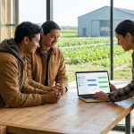 Trois étudiants travaillant sur un ordinateur portable dans un bâtiment agricole moderne avec une vue sur les champs.