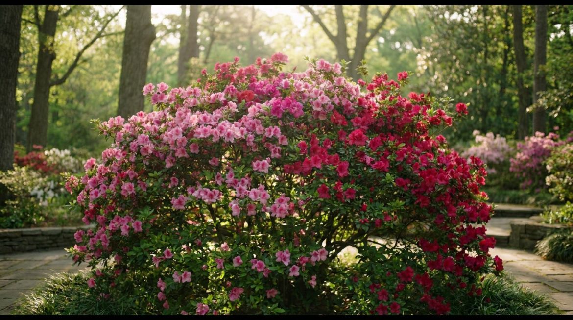 Grand buisson d'azalées bicolores, rose clair et rouge foncé, en pleine floraison dans un jardin luxuriant et ensoleillé.