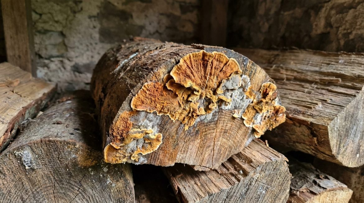 Mérule et bois de chauffage : évitez l’invasion chez vous Gros plan d'un champignon brun-orange (type mérule) sur une bûche de bois de chauffage. D'autres bûches et un mur en pierre en arrière-plan.