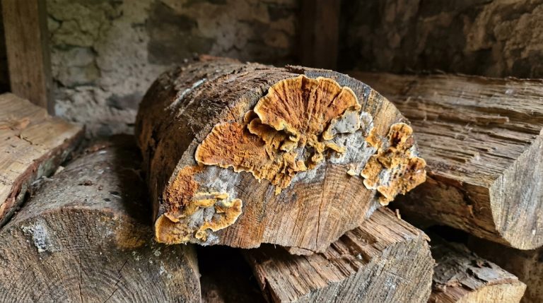 Gros plan d'un champignon brun-orange (type mérule) sur une bûche de bois de chauffage. D'autres bûches et un mur en pierre en arrière-plan.