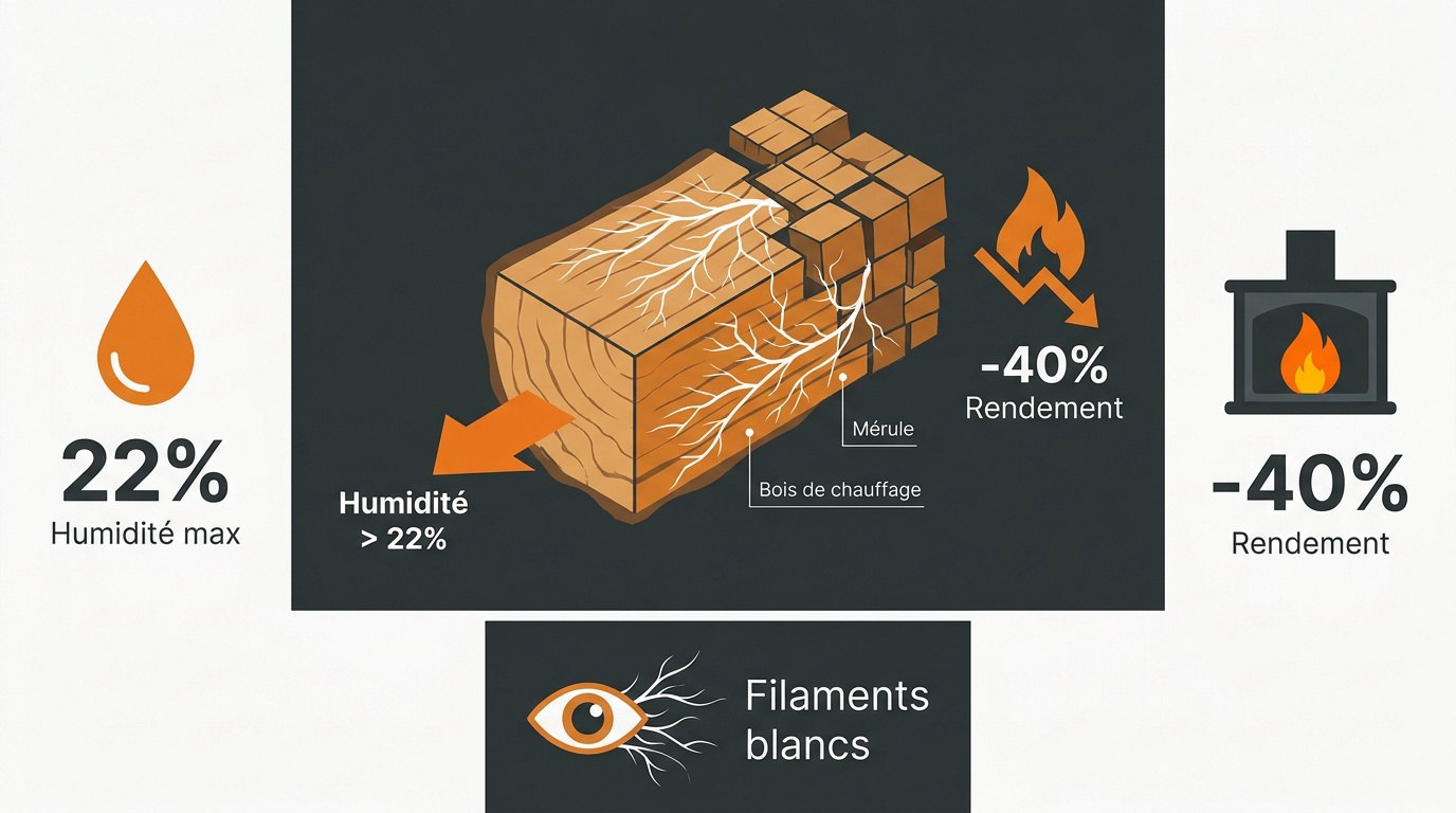 Bûches de bois de chauffage dégradées par la mérule et l'humidité