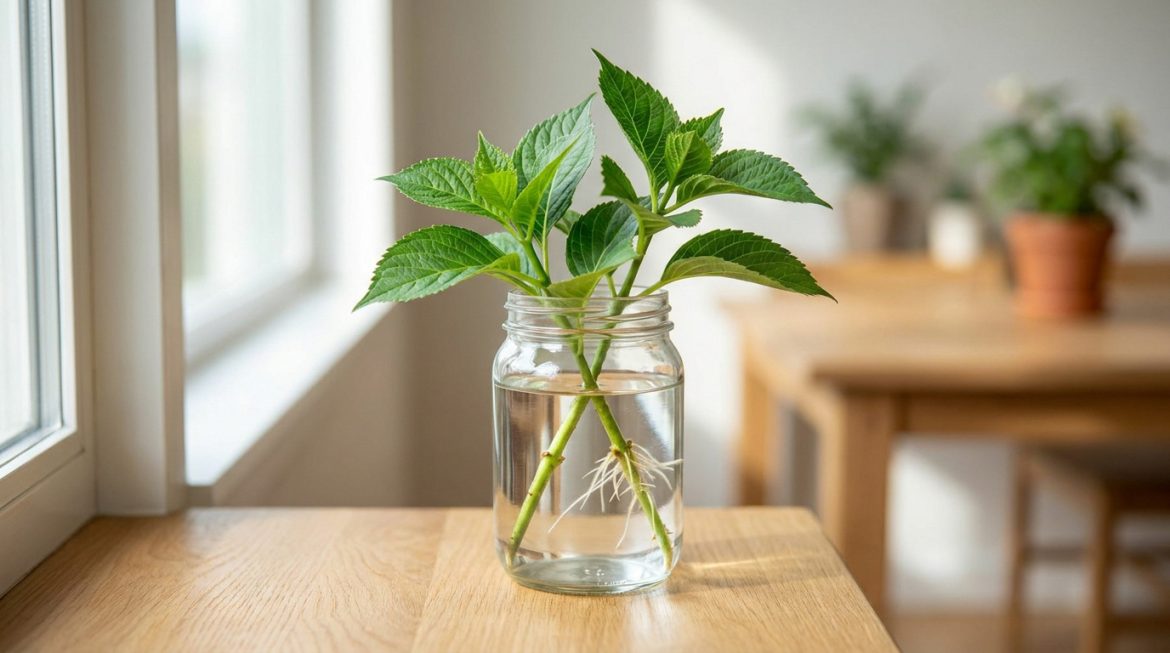 Comment bouturer votre hortensia dans l’eau avec succès Trois boutures d'hortensia aux feuilles vertes dans un bocal en verre rempli d'eau, montrant des racines, posées près d'une fenêtre.