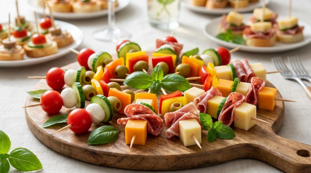 Plateau en bois garni de brochettes apéritives colorées avec légumes, fromage et charcuterie.