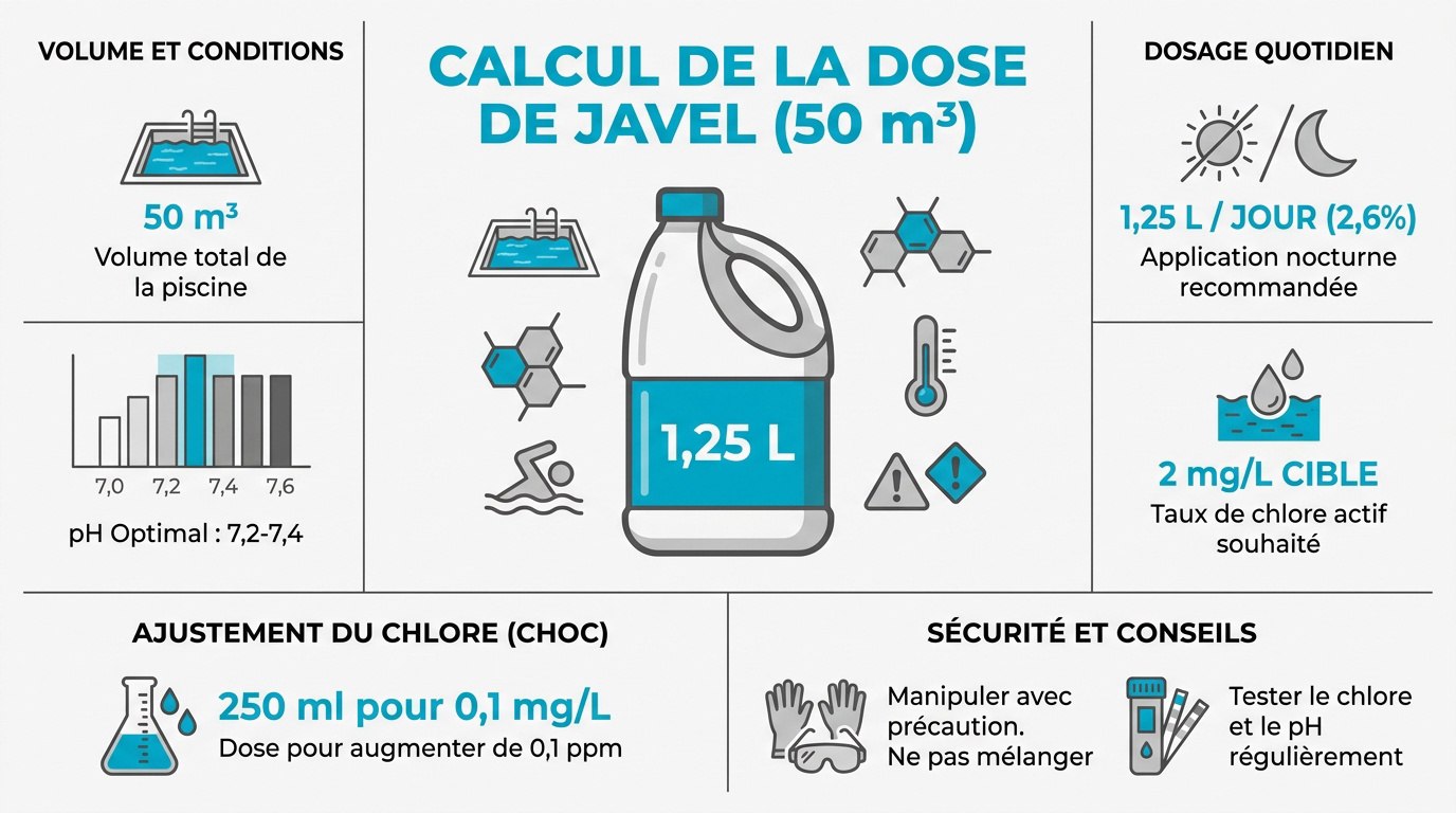 Tableau de dosage eau de javel pour piscine 50 m3