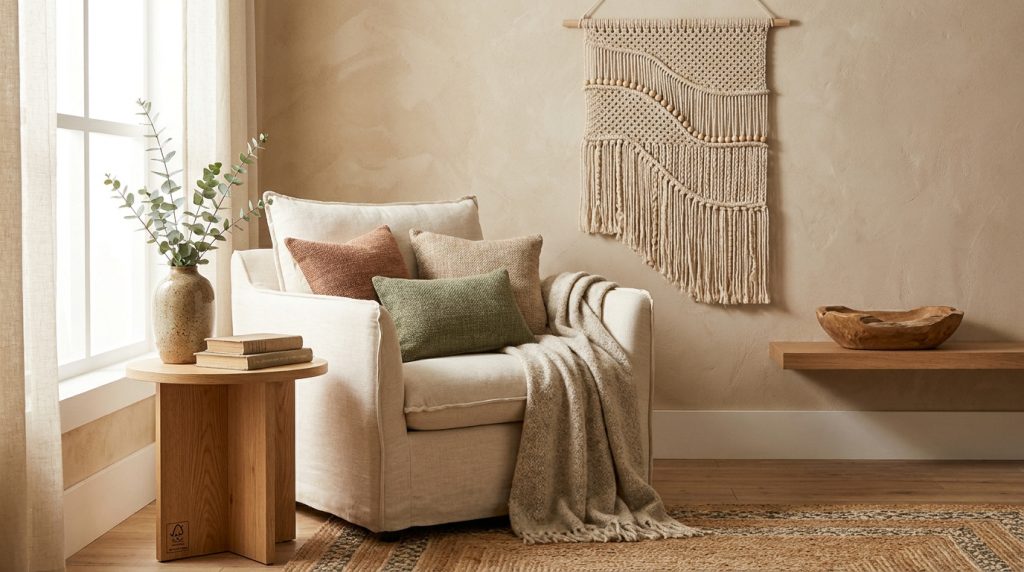 Un fauteuil beige avec coussins et plaid, une table basse en bois, un vase d'eucalyptus, un macramé mural et un tapis en jute créent une ambiance naturelle et relaxante.