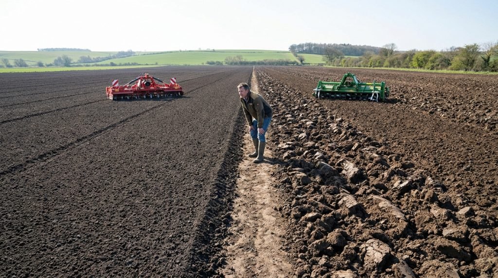 Un agriculteur compare deux types de travail du sol avec un rotalabour et un rotavator dans un grand champ labouré.