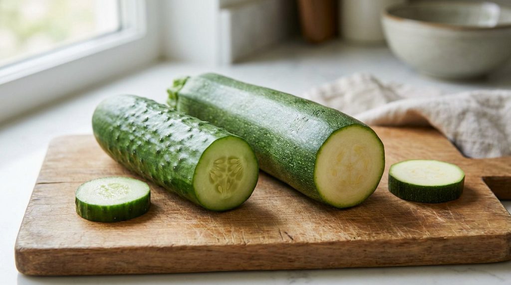 Un concombre et une courgette coupés côte à côte sur une planche à découper en bois.