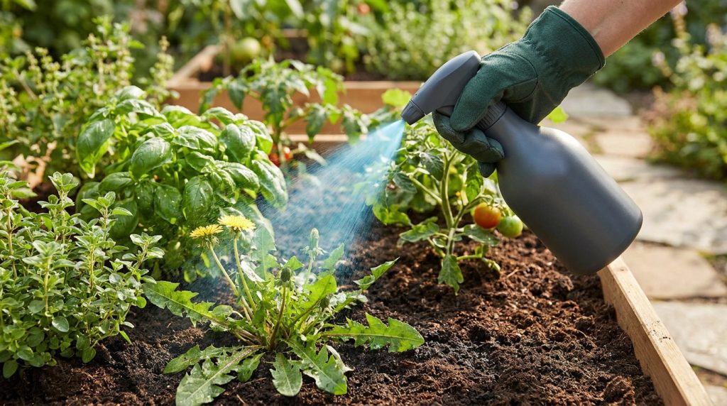 Une main gantée pulvérise un désherbant bleu sur un pissenlit au milieu de légumes et herbes aromatiques dans un jardin.