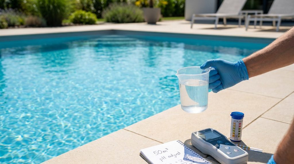 Personne gantée mesurant l'eau d'une piscine de 50 m³ avec testeur et bandelettes. Cahier de notes et piscine bleue en arrière-plan.