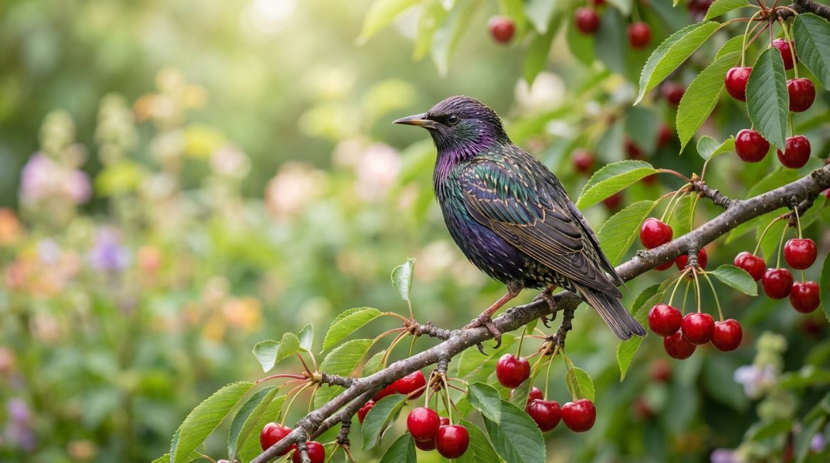 Étourneau jardin : allié précieux ou vrai casse-tête ? Un étourneau au plumage iridescent posé sur une branche de cerisier chargée de fruits rouges mûrs.