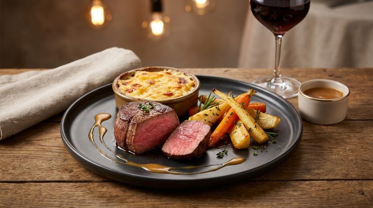 Filet mignon tendre avec gratin dauphinois et légumes racines rôtis sur une assiette noire, servi avec du vin rouge.